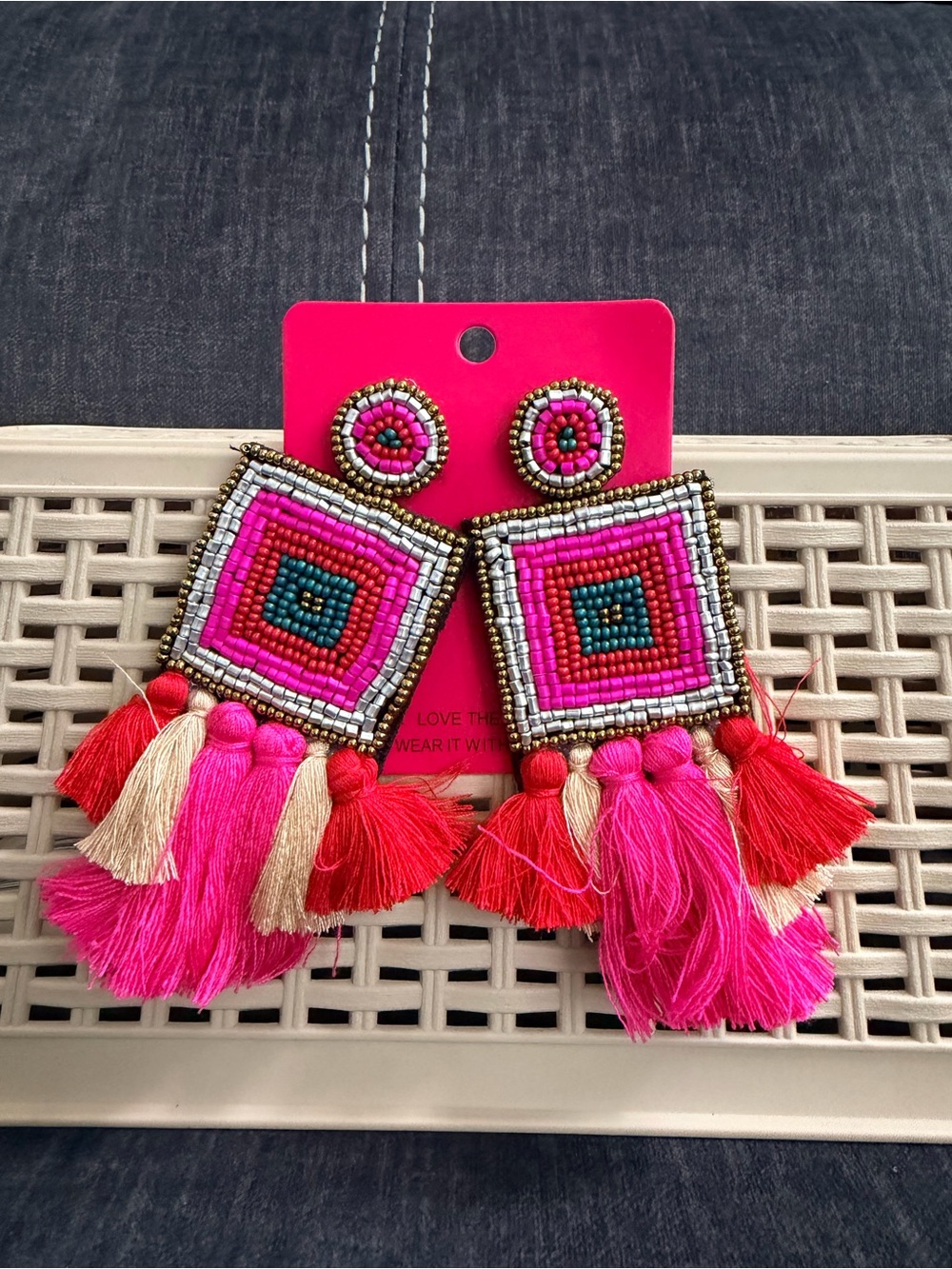 Boho Beaded Tassel Drop Earrings - Pink